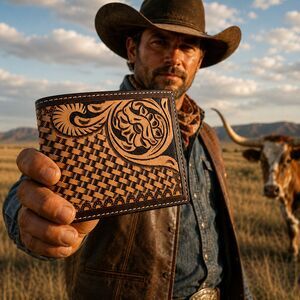 Ranger Belt Co H-306B Tooled Leather Bifold Wallet Basketweave Floral Brown NWT